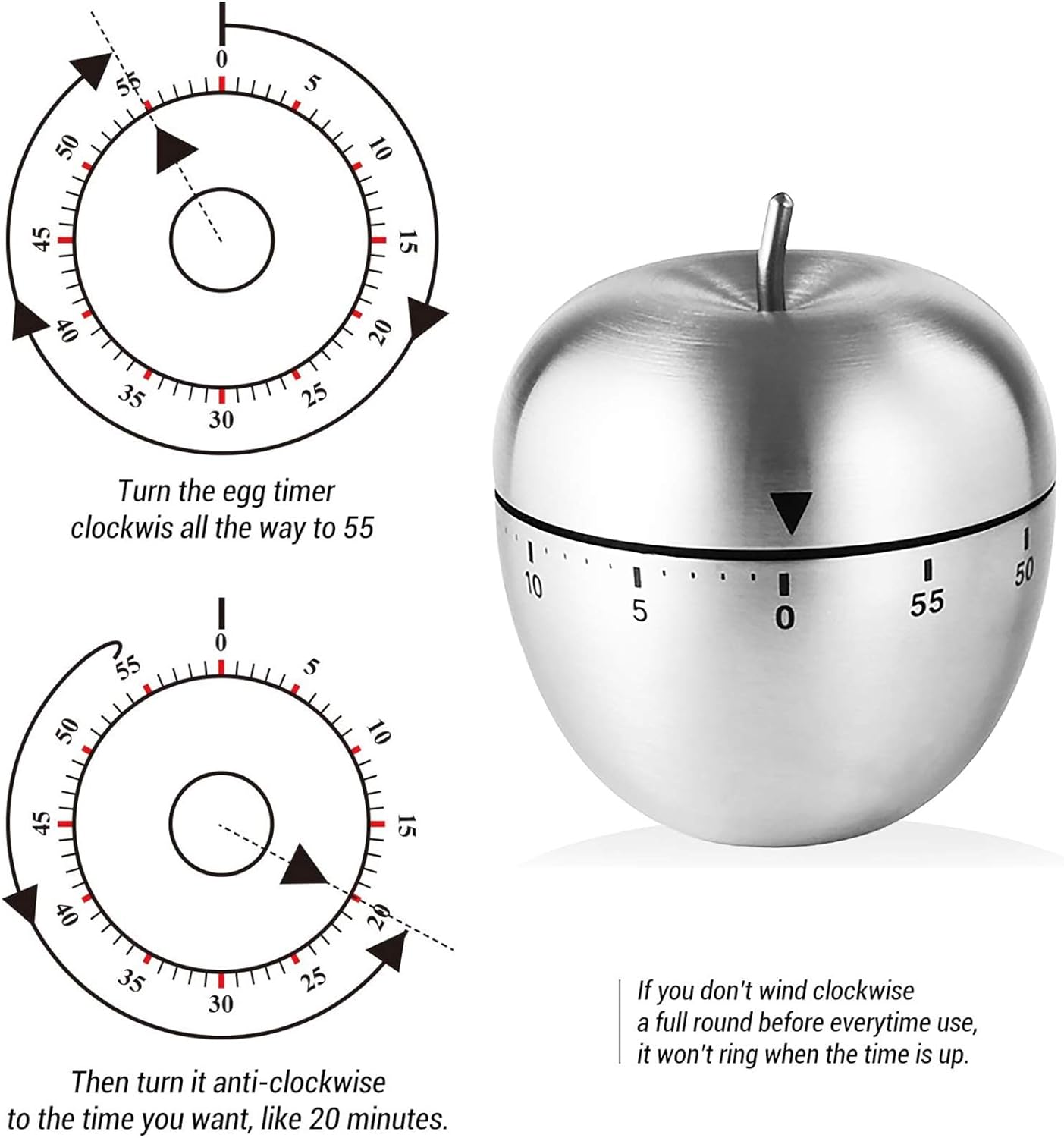 Egg  Apple Timer Stainless Steel Mechanical Rotating Alarm